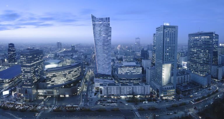 Panoramic view of Warsaw downtown during the night