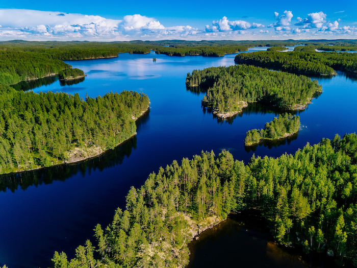Aerial view of blue lakes and green forest