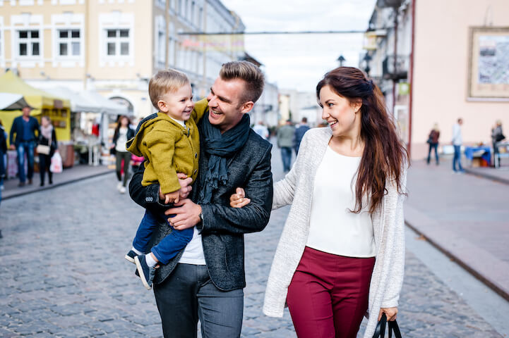 Parents with son walking in the city